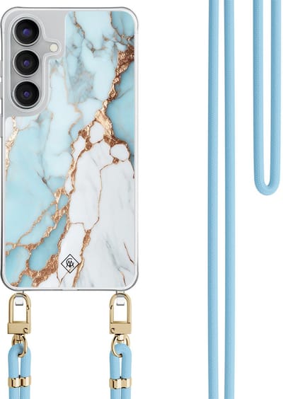Casimoda® hoesje met lichtblauw koord - Geschikt voor Samsung S25 FE - Marmer Lichtblauw - Afneembaar koord - TPU/polycarbonaat - Blauw