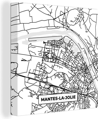 Canvas Schilderij Kaart - Plattegrond - Mantes-la-Jolie - Frankrijk - Stadskaart - Zwart wit - 20x20 cm - Wanddecoratie
