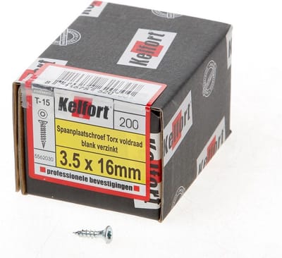 Kelfort Spaanplaatschroef platverzonken kop verzinkt T15 voldraad 3.5 x 16mm (Prijs per 200 stuks)