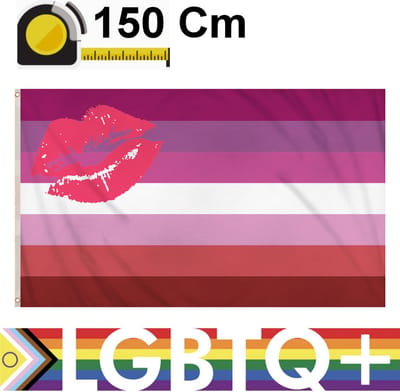 Henbrandt - Vlag Lesbisch met Kus - Gay Pride Vlag van Polyester - Lesbiennes - Lesbian Flag - Afm 150 x 90 Cm - Met Dubbel Gestikte Naden en Metalen Oogjes - Pride Vlag - Vlaggen - Flag - LGBTQ - Polyester