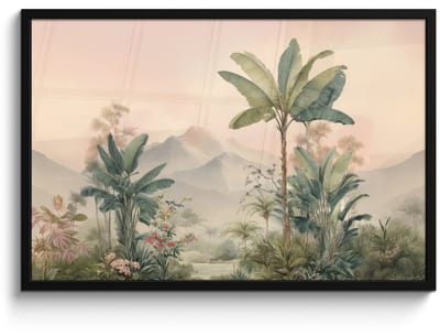 Poster in lijst - Fotolijst 90x60 cm - Posters - Tropisch landschap - palmbomen - Bloemen - Roze lucht - Posterlijst zwart - Decoratie - Wanddecoratie woonkamer - Muurdecoratie slaapkamer