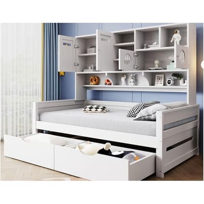 ModernLuxe Slaapbank van hout 90x200 cm - met 2 lades - met meerdere planken - met lattenbodem - wit (matras niet inbegrepen)