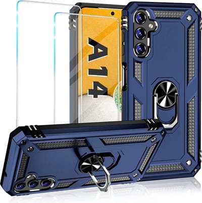 Hoesje Geschikt Voor Samsung Galaxy A14 Hoesje Anti-Shock Hybrid Armor hoesje Blauw met screenprotector - 2 pack