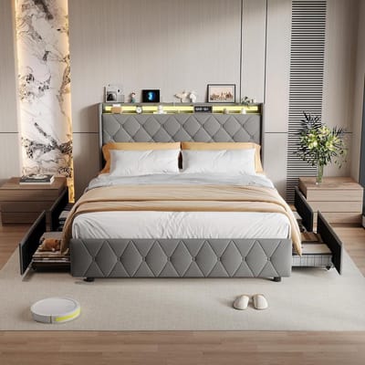 Tweepersoonsbed met LED - Bed met opbergruimte - Slaapkamer organiseren - Geïntegreerd hoofdbord met USB - 140 x 200 cm