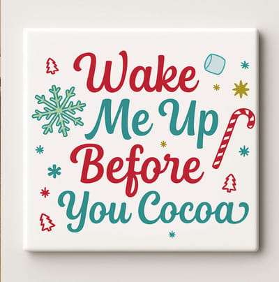 Wake Me Up Before You Cocoa Decoratieve Tegel 15x15 cm – Grappige Winter Koffie Quote – Gezellige Keuken- & Kerst Wanddecoratie