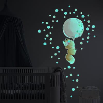 Lichtgevende sticker - VOS EN ZIJN BALLON + 60 BLOEMEN - Fluorescerende muur-/plafondsticker voor kinderen - 30x35cm