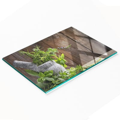 Keukenplank van gehard glas met grafische kruidenvijzel 80x52 cm