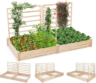 KOMFOTTEU Bloembak met rankrooster, verhoogd bed met 3 laten, plantenbak met klimhulp, tuinbed, tuinspalier van dennenhout, voor klimplanten, 222 x 114 x 110 cm