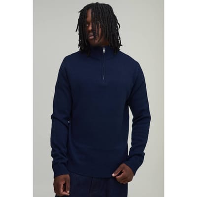 Lange Regular Fit 1/4 Rits Gebreide Trui | Navy | Size Small