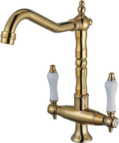 Keukenkraan Set - Geborsteld Messing – Landelijk Ontwerp – 360° Draaibare Gootsteenkraan – Enkel Gat Installatie – Antieke Kraan Voor Koud & Warm Water – Luxe Design Voor Keuken & Badkamer