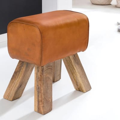Design Krukje Leer Rechthoekig 30 x 47 x 40 cm Massief Hout Voetbankje | Multifunctioneel Meubel