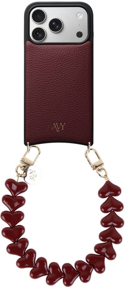 AVY Leren Hoesje Geschikt voor Apple iPhone 17 Pro | Compatibel met MagSafe | Leather Case met Telefoonkoord | Polsband | Burgundy | Cupid Burgundy