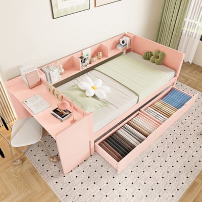 Wishdor – Eenpersoonsbed met bureau en opberglades – 90 x 200 cm – Met planken – Grenenhout en spaanplaat – Roze