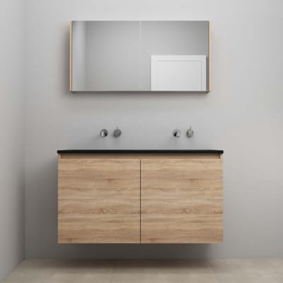On-Line Badkamermeubelset - 120 cm - Bouwpakket - Greeploze Ladestructuur - Acryl Wastafel - zonder Kraangat - Spiegelkast - Eiken - V01