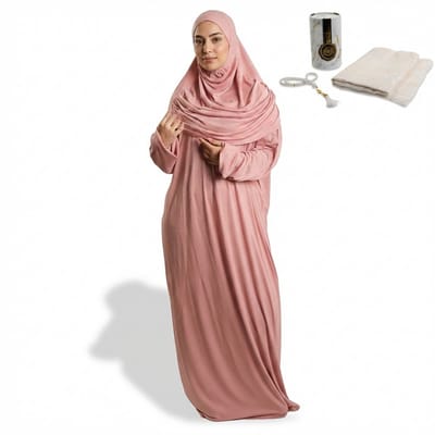 FIRASET Poederroze 2-delige Gebedskleding van Viscose met Opbergtasje + islamitische geschenkset met gebedskleed (seccade) en gebedskralen, cilindervormige doos – Made in Turkije