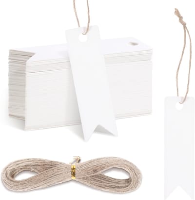 Pack van 100 Geschenklabels - 2 x 7 cm Kraft Papier met 20 m Jute Touw - Lege Cadeau Kaarten voor Schrijven, Trouwen, Knutselen, Kerst, Wit