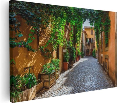 Artaza Canvas Schilderij Steegje Rome - 30x20 cm - Klein - Muurdecoratie Italie - Wanddecoratie Planten - Kamer Accessoires