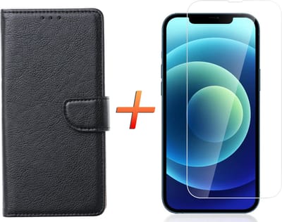 Hoesje geschikt voor iPhone 14 Book Case - Portemonnee hoesje - PU Lederen hoes zwart met 1X Hoesje geschikt voor iPhone 14 Screen protector - EPICMOBILE