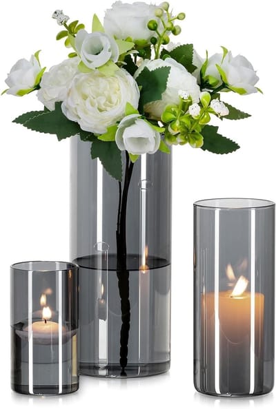 Moderne Glazen Cilinder Vazen Set van 3 - Decoratieve Bloemenvazen voor Woonkamer en Eettafel - Geschikt voor Pampasgras, Tulpen en Kaarsen (10/15/20cm)