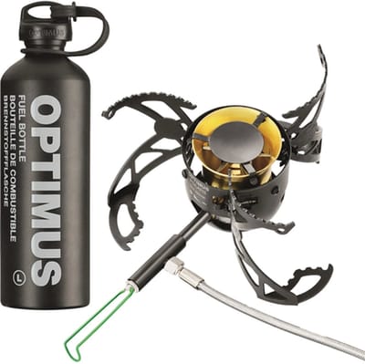 Optimus Polaris + Fuel Bottle - 1L - Kookplaat op gas - Outdoor Kooksysteem - Inclusief Brandstoffles - Nauwkeurige Vlamregeling - Brandt Op Alle Soorten Brandstof - Kooktoestel - Zwart