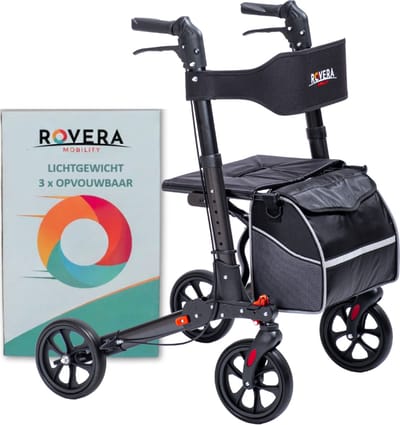 Rovera Mobility® Rollator 3x Opvouwbaar – Lichtgewicht – Extra Zachte Zitting & Rugleuning – Ergonomische Handvatten – Incl. Luxe Tas & Wandelstokhouder– Geschikt voor Binnen & Buiten – Antraciet