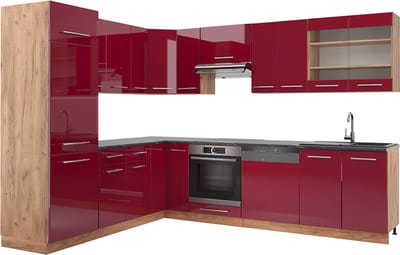 Vicco Hoekkeuken Fame-Line, Bordeauxrode hoogglans/Goudkleurig Eiken, 287 x 227 cm, WB Antraciet