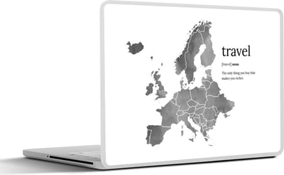 Laptop sticker - 12.3 inch - Europakaart in grijze waterverf met daarnaast het woord: travel - zwart wit - 30x22cm - Laptopstickers - Laptop skin - Cover