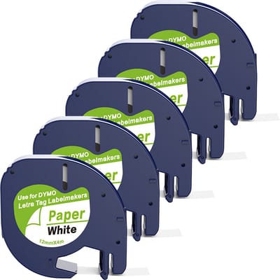 Boxstuff - Dymo LetraTag 91200 - S0721510 - Label Tape - Zwart op Wit Papier - 12 mm x 4 m - 5 Stuks