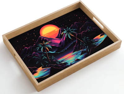 Dienblad hout 50x35 cm - Schootdienblad - Palmbomen - Neonbergen - Sterrenhemel - Zon - Borrelplank rechthoek - Plateau dienbladen