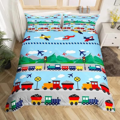 Cartoon Trein Dekbedovertrek Set Zwarte Treinen Beddengoed Set Jongens Tieners Mannen Slaapkamer Enkel Dubbel Dekbedovertrek Decor Dekbedovertrekken EU Single 90x200cm