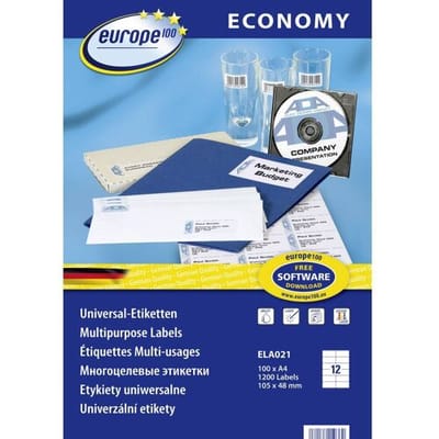 Europe 100 ELA021 Universele etiketten 105 x 48 mm Papier Wit 1200 stuk(s) Permanent hechtend Inkjet, Laser (zwart/wit), Laser (kleur), Kopiëren