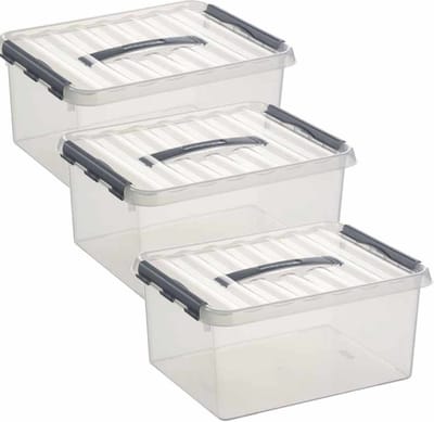 3x sunware q-line opberg box/opbergdoos - 15 liter - 40 x 30 x 18 cm - kunststof - opslagbox - transparant/zilver