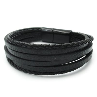 Zwarte herenarmband met strookjes pu-leer en metalen magneetsluiting