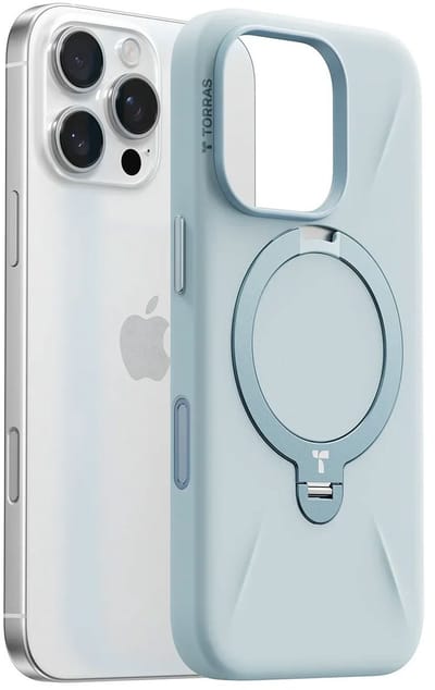 TORRAS Ostand Q Pro Silicone - Hoesje Geschikt voor Apple iPhone 16 Pro - Compatibel met MagSafe - 360° Draaibare Magnetische Standaard - Back Cover Kickstand Ring - Blauw