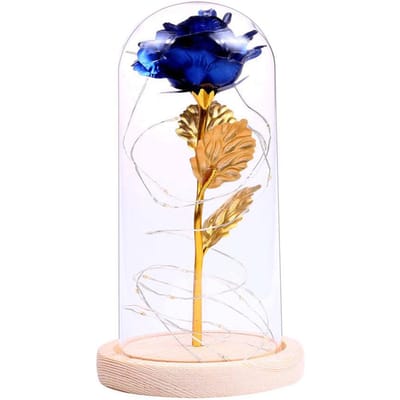 Verjaardagscadeau Prachtige geconserveerde rozenbloem LED-lamp met glazen afdekking Houten voet Valentijnsdag blauw