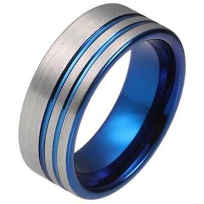 Wolfraam heren ring Dubbele Groef Geborsteld Zilverkleurig Blauw-22mm