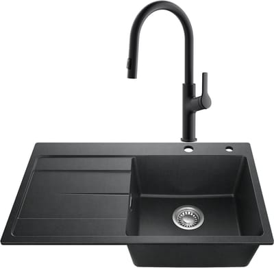 SOFETIY MAX Granieten Spoelbak 78x45CM Zwart - Spoelbakken Keuken Met Keukenkraan Met Uittrekbare Uitloop - Spoelbak Met Planchet en Afdruiprek - Spoelbakken Incl. Sifon en Afvoerzeefje