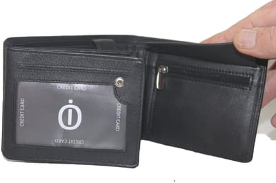 Oi zwarte leren heren portemonnee met rits voor kleingeld / laag model billfold voor veel pasjes met rits voor muntgeld / leren heren beurs met ritsvak / RFID safe / zwart leer / 353
