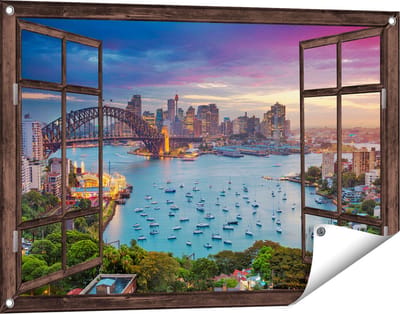 Gards Tuinposter Doorkijk Sydney Harbour Bridge in de Avond - 90x60 cm - Tuindoek - Tuindecoratie - Wanddecoratie buiten - Tuinschilderij