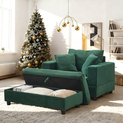 MIVRAY Chaise Longue - Loungezetel Met Voetsteun En Opbergruimte - Voor Woonkamer En Slaapkamer - Metaal En Hout - Smaragdgroen