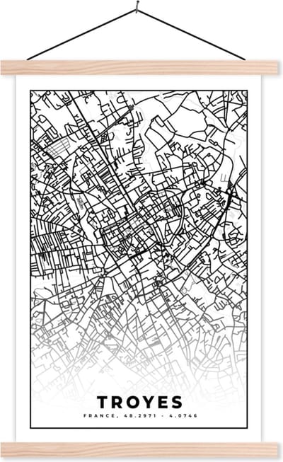 Posterhanger incl. Poster 40x60 cm - Schoolplaat - Stadskaart - Plattegrond - Troyes - Kaart - Frankrijk - Zwart wit - Textielposter - Blanke latten - Stadskaart