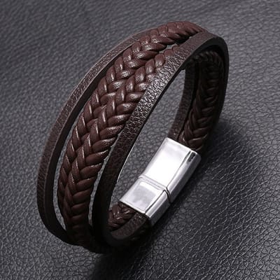 Heren Armband Leer met Dubbele Vlecht - Bruin met Stalen Sluiting - Leren Armbanden - Papa Cadeau Voor Mannen - Vaderdag