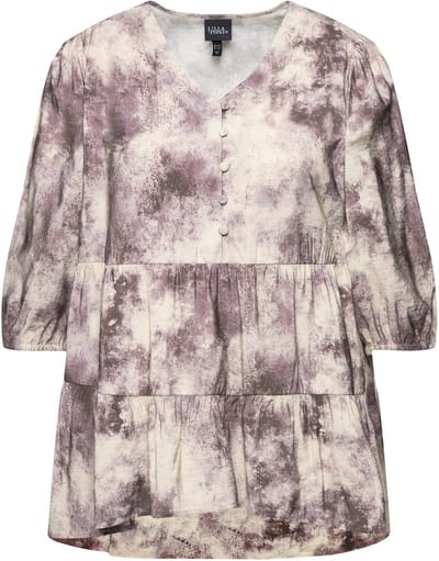 Ulla Popken - Dames - Blouse batikprint A-lijn V-hals lange mouwen - Lichtchampagne - Maat 46+