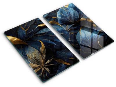 Wallfluent Spatscherm Keuken - Blauw Hittebestendig Glas Keuken - Set 2 Stuks 30x52 cm - Decoratieve Bladeren Met Goud Keuken Achterwand Bescherming - Bloemen en planten Rechthoekig Spatscherm Keuken