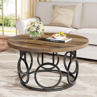 Tribesigns Ronde Salontafel - 80×80×45 CM - Rustieke Cirkel Salontafel met Metalen Onderste - Modern houten meubilair - Bruine - Voor Woonkamers