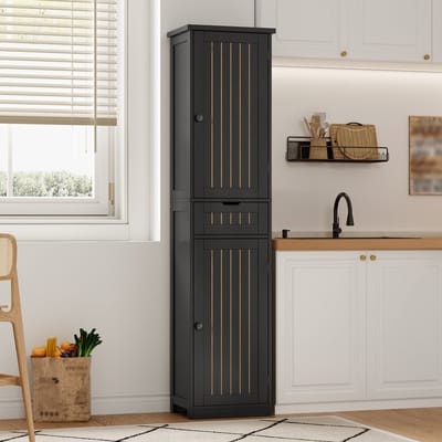 REDOM - Keukenkast - 2 deuren en 1 lade - 4 verstelbare planken - Retro stijl - Keuken, eetkamer of woonkamer - MDF - Zwart - 40 x 30 x 170 cm