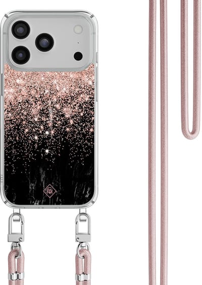 Casimoda® hoesje met rosegoud koord - Geschikt voor iPhone 17 Pro - Marmer Twist - Afneembaar koord - TPU/polycarbonaat - Multi