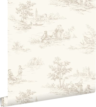 ESTAhome behang toile de jouy print gebroken wit - 50 x 900 cm - 132107
