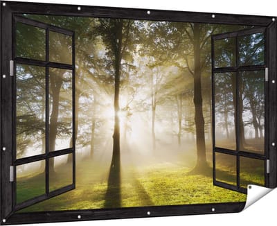Gards Tuinposter Doorkijk Zon tussen de Bomen - 180x120 cm - Tuindoek - Tuindecoratie - Wanddecoratie buiten - Tuinschilderij