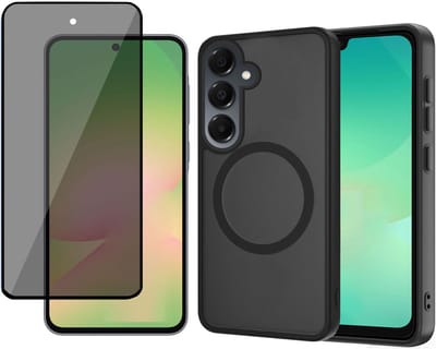 Hoesje + Privacy Screenprotector geschikt voor Samsung Galaxy A17 5G / A26 Hoesje - Portemonnee Hoesje geschikt voor MagSafe - Magnetisch - Gehard Glas- Zwart